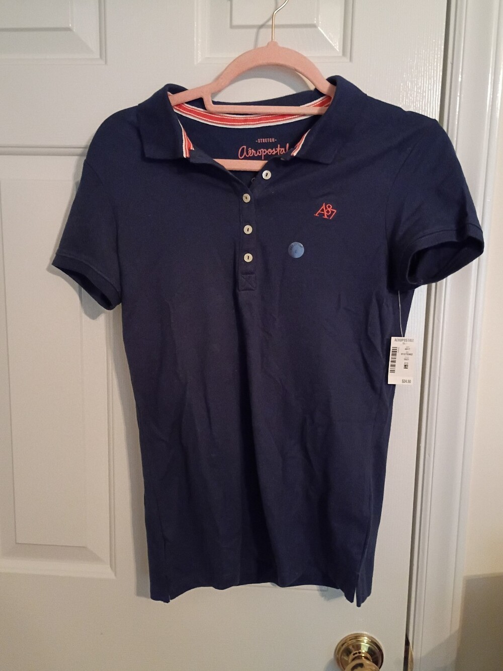 Women's Aeropostale Navy Polo with Dark Coral Logo and Trim Size L NWT
